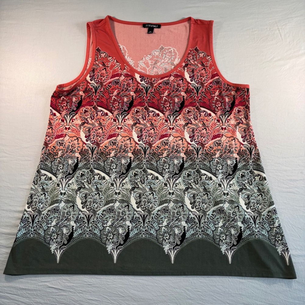 Roz & Ali Women XL Paisley Floral Ombre Tank Top Coral Green Sleeveless Scoop
